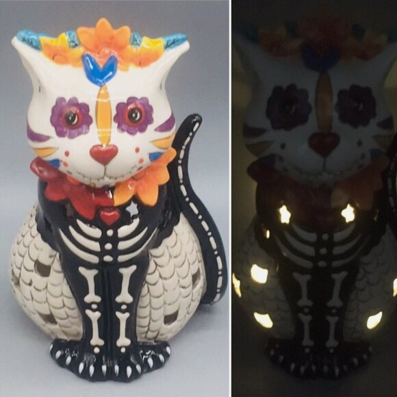 Blue Sky Clayworks Sugar Skull Cat Skeleton Tealight Candle Holder Halloween 11